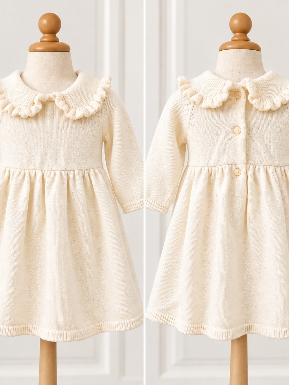 Cream Ruffle Collar Knit Dress for Kids